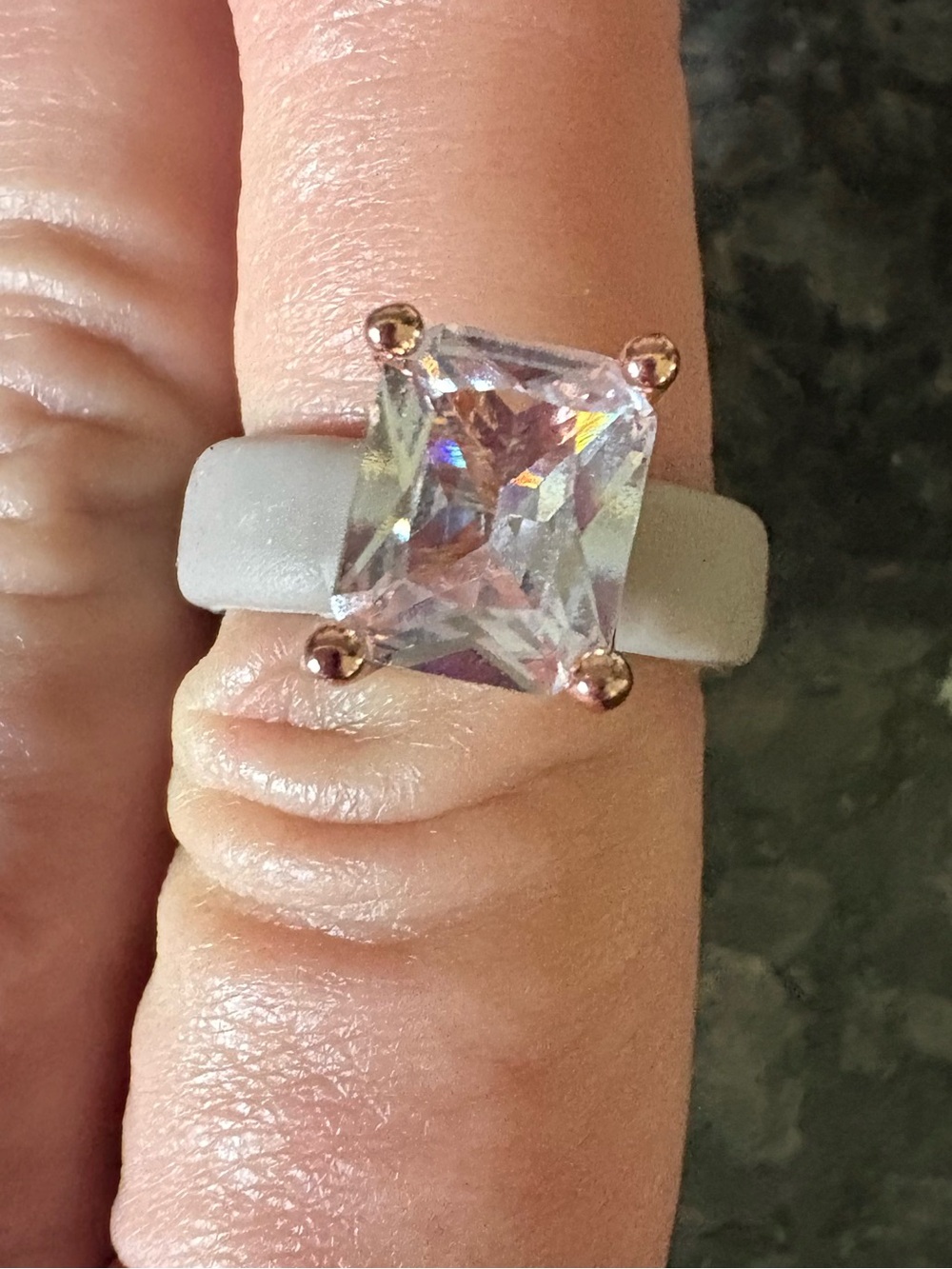 Classic Square-Cut Clear Stone Ring with Beige Silicone Band